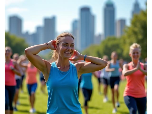 A diverse group of urban fitness enthusiasts participating in an outdoor community fitness event in a park