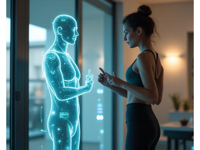 Holographic AI personal trainer guiding an individual through exercises in a modern apartment gym